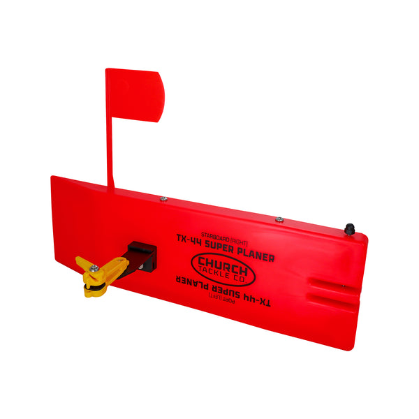 The TX-44 Tournament Series planer board system comes with a Lock-Jaw Clip, Stainless Steel Rear Pin and E-Z Store.  The TX-44 Super Planer is designed for lead core, copper, wire, or when using drop weights or hard pulling lures.  In addition the TX-44 works with Dipsy Divers,® Jet Divers,® Slide Divers,®Dive Bombs and Torpedo Divers.®  This is just what the salmon, striper, muskie, northern and walleye fishermen have been asking for, something designed for pulling more weight. 