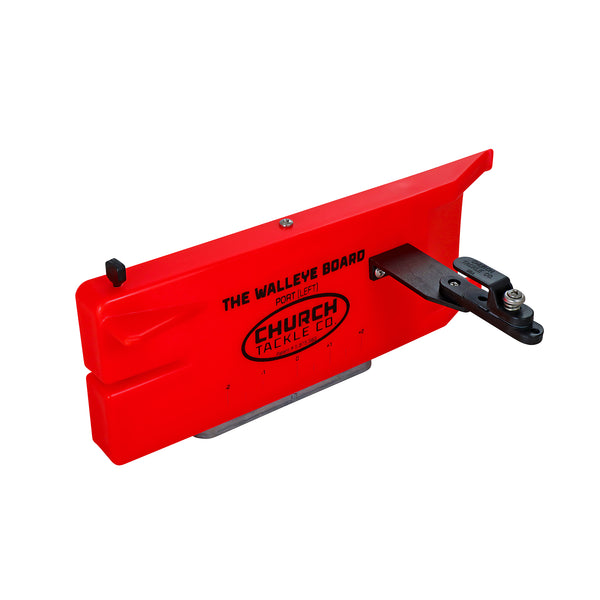 The Walleye Board is 10” long, 3 ½ ” wide with an adjustable keel weight that keeps the nose of the board tracking in the water even when using deep-diving plugs or heavy weights. The catamaran shape minimizes diving and flying when trolling upwind or hitting a large wave at higher speeds. The bright fluorescent red color makes it easy to see. Made in the USA of non-corrosive materials suitable for saltwater trolling use.