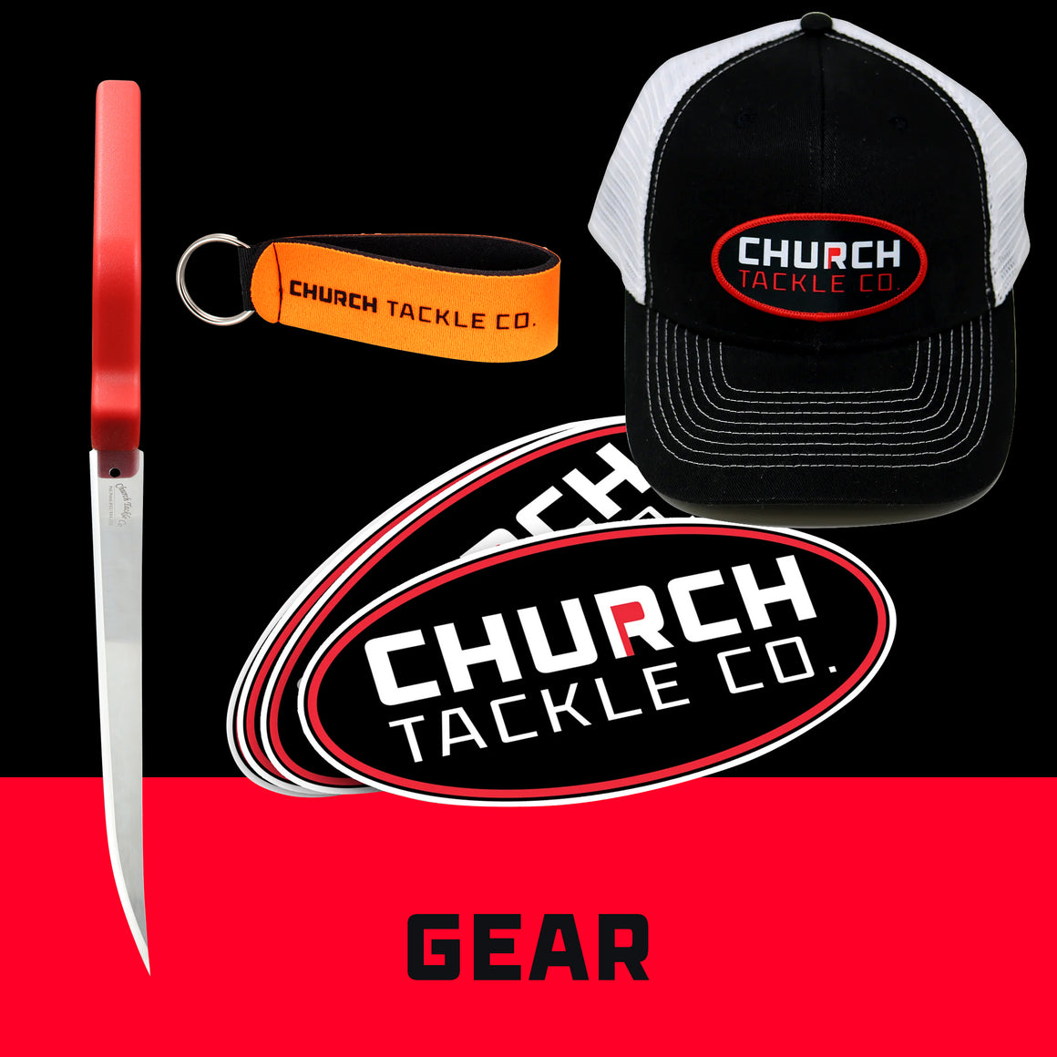 FIllet knife, hat, sticker